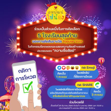 รายการสหพัฒน์ให้น้อง และซื่อสัตย์เพื่อชาติ ชวนโหวตหาผู้ชนะ  ประกวดร้องเพลงและแสดงความคิดสร้างสรรค์ผ่าน Facebook ซื่อสัตย์เพื่อชาติ 