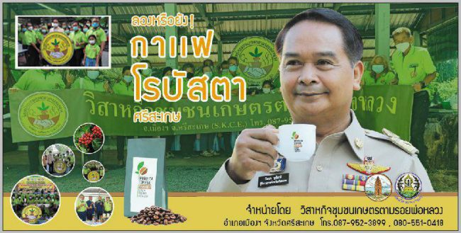 กาแฟโรบัสตาศรีสะเกษพัฒนาเป็นสินค้า OTOP ระดับ PREMIUM เพื่อเตรียมส่งจำหน่ายห้าง BIG C ทั่วประเทศ